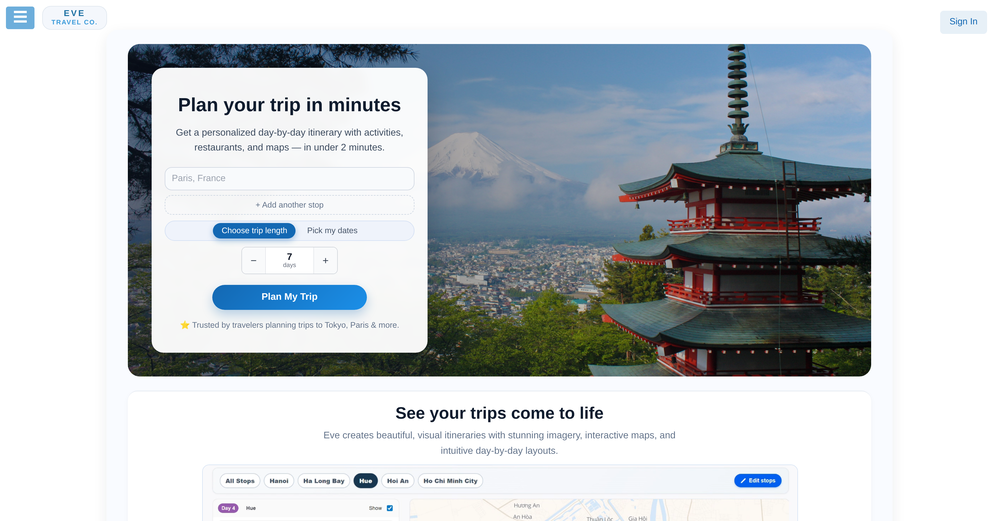 Eve Travel Co. website