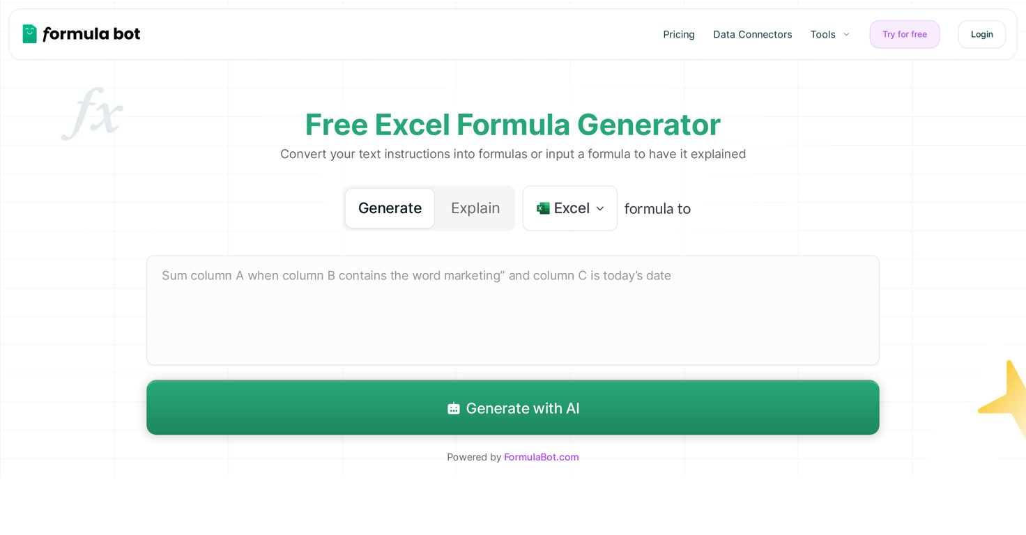 Free AI Excel Formula Generator website