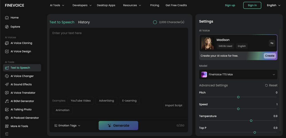 FineVoice Text to Speech website