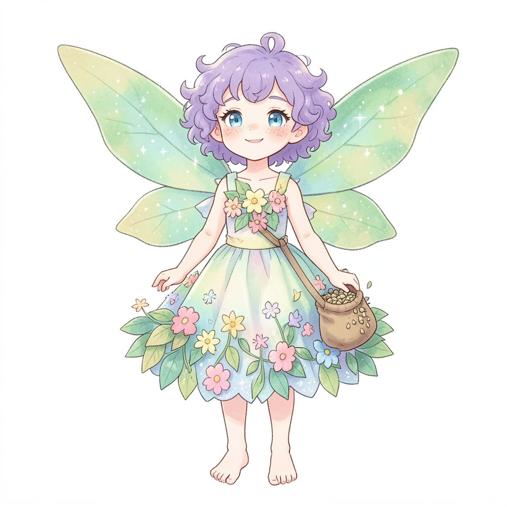 full-body illustration of the following original character in a soft, hand-painted, whimsical animation style inspired by Ghibli website