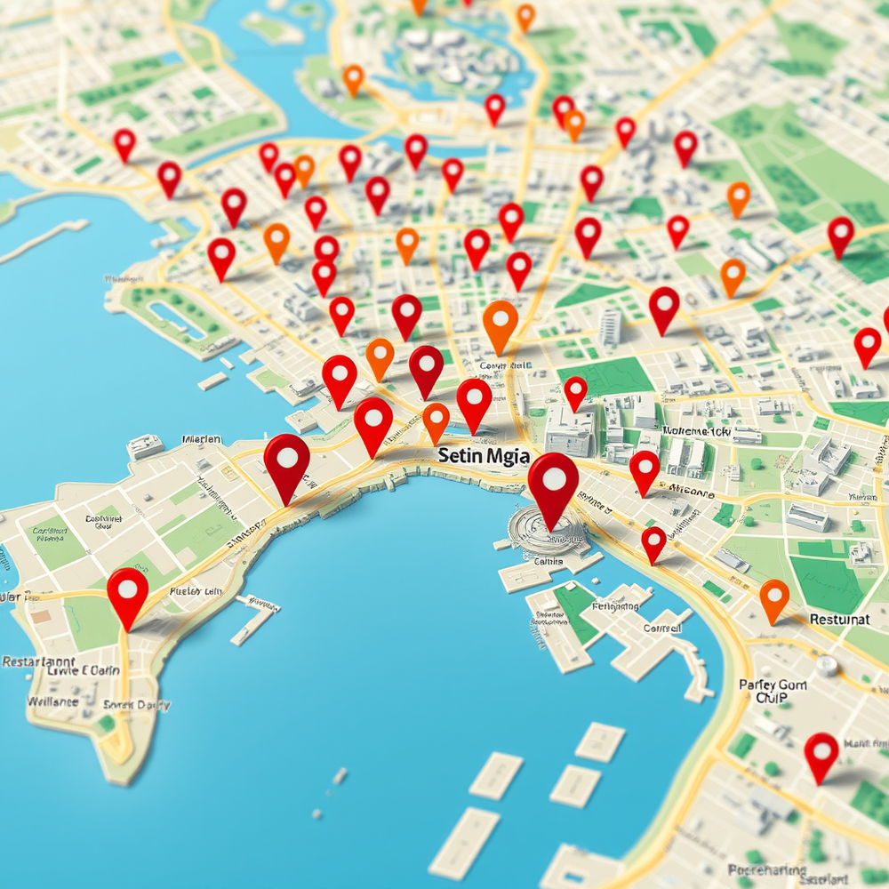 Google maps of a huge metropolis with pins website