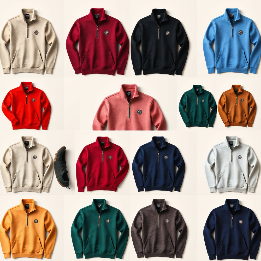 Grid of 12 half zip sweatshirts from the brand Roots website
