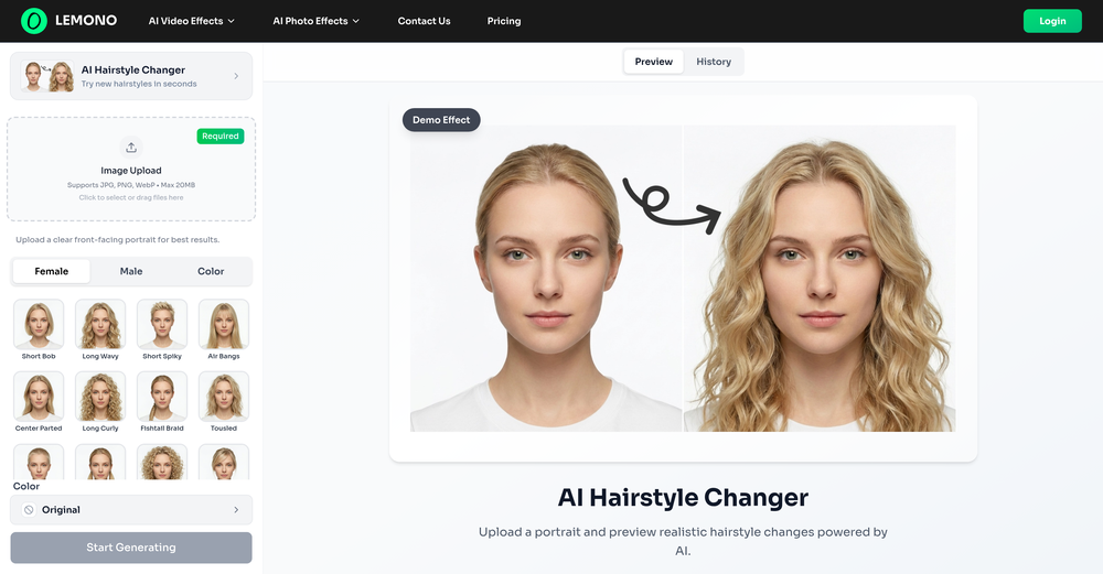 Hairstyle Changer by LEMONO AI website