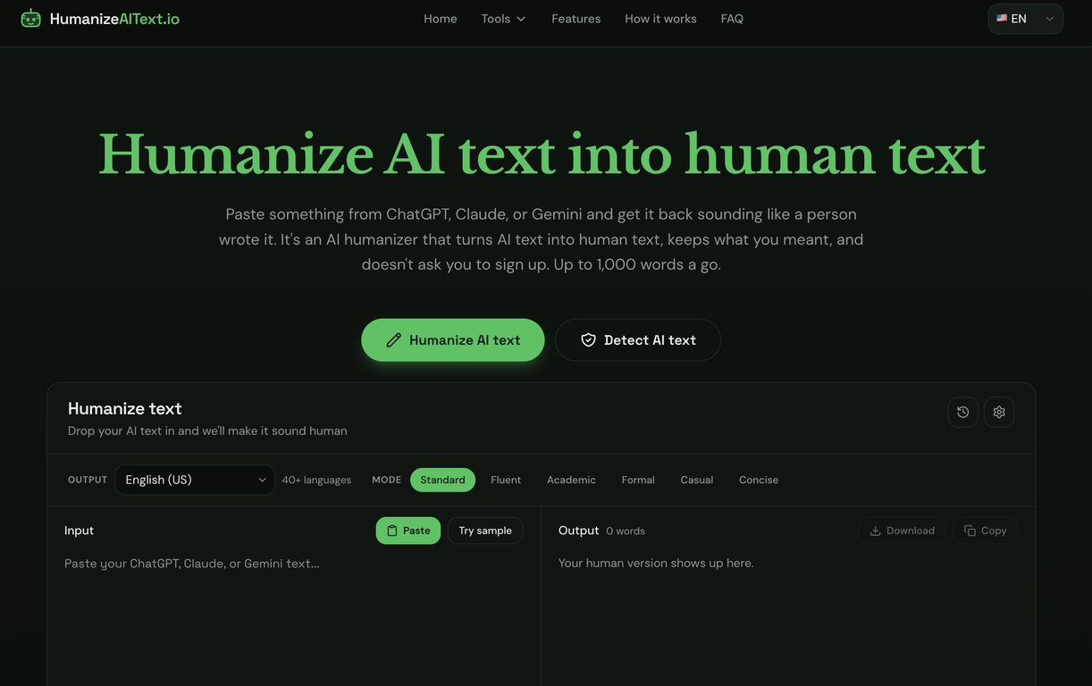 Humanize AI Text.io website