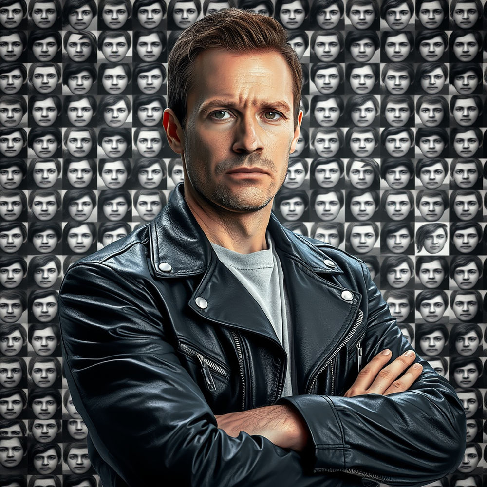 Hyper-Realistic 8K Portrait with Monochrome Collage Background website