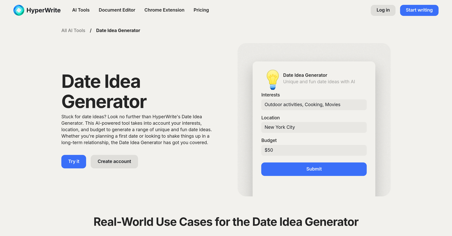 HyperWrite Date Ideas website