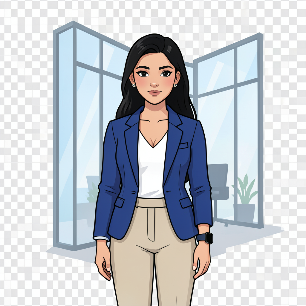 👩 24–26 वर्ष की खूबसूरत भारतीय प्रोफेशनल महिला 💇‍♀️ लंबे सीधे काले बाल 💙 Royal Blue Blazer (Black की जगह) 🤍 White Inner Top 👖 Beige Formal Pants 💄 Natural Makeup 💍 Minimal Jewelry (छोटे Earrings + Smart Watch) 🏢 Modern Glass Office 🎥 Cinematic 4K