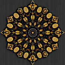 3D mandala and 3D pattern in the form of coin&iron&wood&glass&water (gold-charcoal)