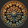 3D mandala and 3D pattern in the form of coin&amp;iron&amp;wood&amp;glass&amp;water (watercolor-gold-charcoal) icon