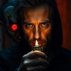 A cinematic portrait holding a lit lighter icon