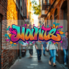 A graffiti-style lettering a bustling city scene icon