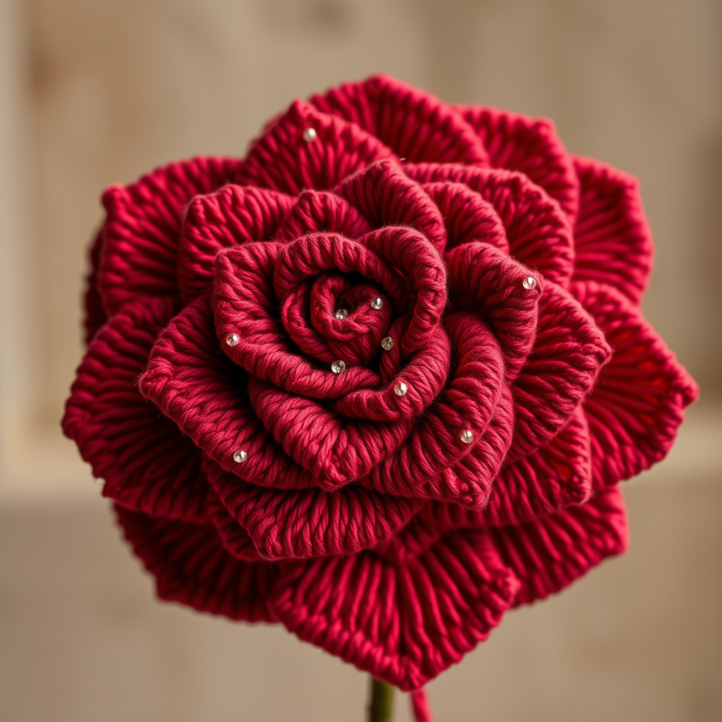 A magnificent bright red rose crafted from luxurious crimson yarn and your name