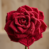 A magnificent bright red rose crafted from luxurious crimson yarn and your name