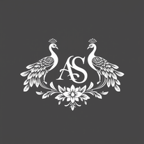 A regal and highly detailed line art illustration of a symmetrical monogram featuring interlocking letters "A" and "S." The design is flanked by two majestic peacocks facing inward, with an ornate wreath of lotus flowers and leaves at the base. Include a