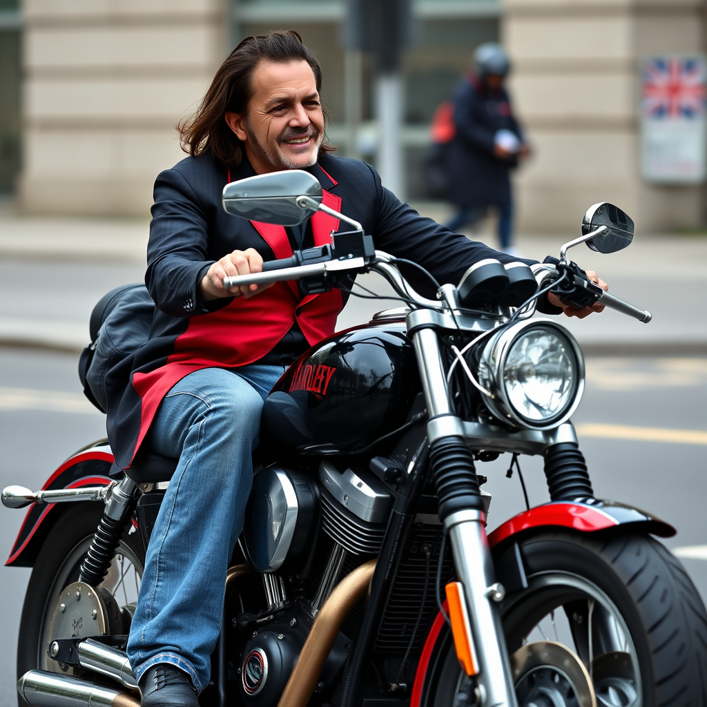 A riding a Harley Davidson motorcycle