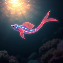 An underwater creature with bioluminescent markings and a finned tail.