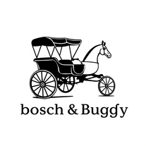 "bosch & Buggy" four wheel horse buggy black and white logo