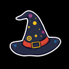Cartoonic witch hat sticker in black background icon