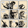 Create comic book illustration with 9 panels and word with Mitch Gerads comic gritty art style icon