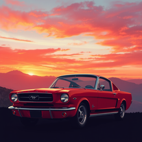 Ford mustang 1960 in the mountains with sunset view