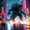 Gigantic monster rampaging through neon-lit city streets at night icon