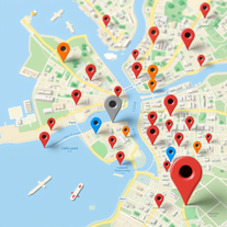 Google maps of a huge metropolis with pins