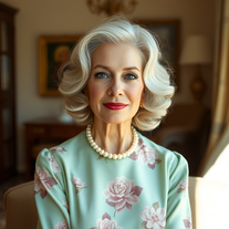 hairstyle prompts for this model  Greta, 68, Vintage Elegance Light skin, 1950s-inspired tea dress with floral print, kitten heels, pearl necklace. Indoor sunlit room, hands clasped, graceful posture, nostalgic vintage vibe.