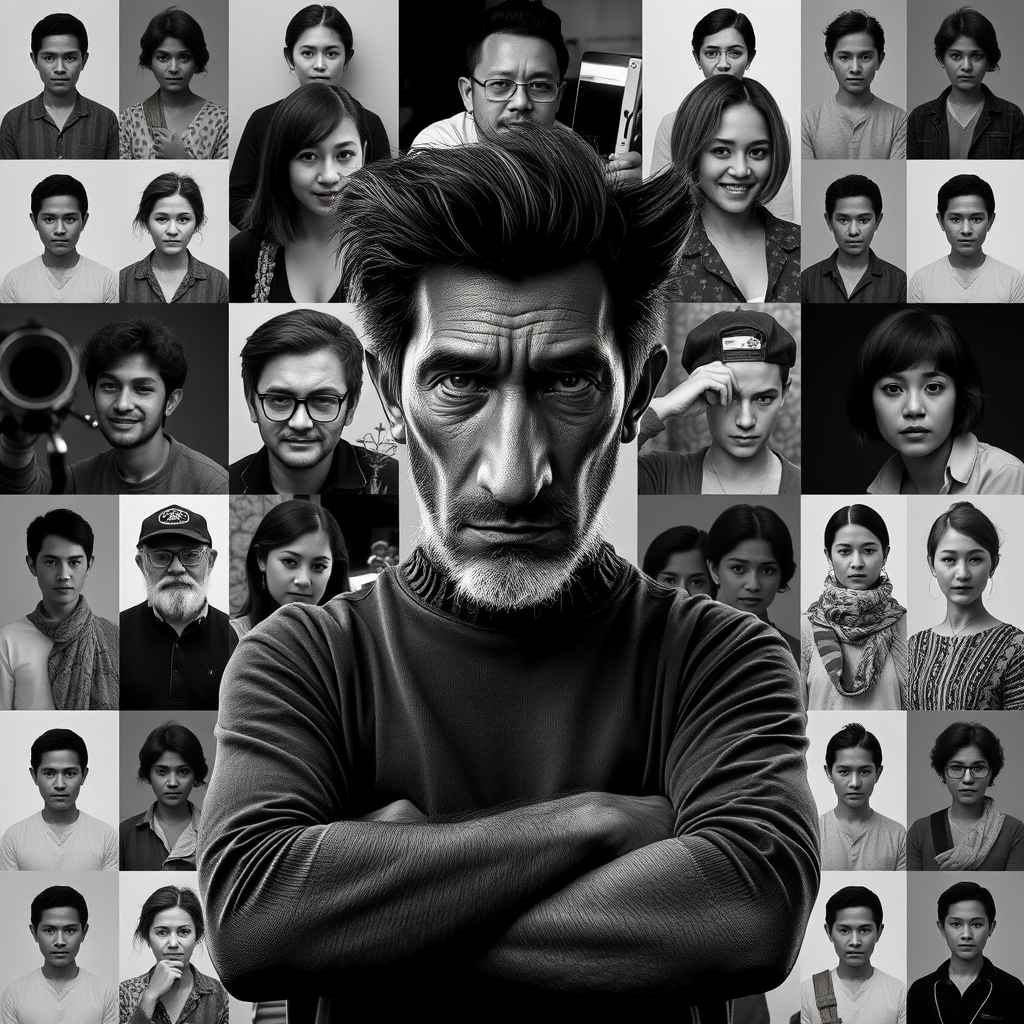 Hyper-Realistic 8K Portrait with Monochrome Collage Background