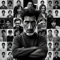 Hyper-Realistic 8K Portrait with Monochrome Collage Background