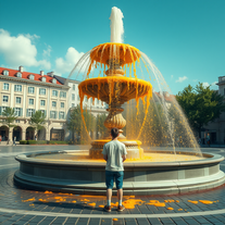 in front of a fountain in a square