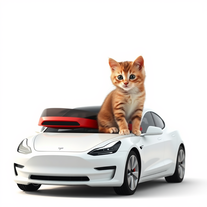 Kitten sitting on a Tesla