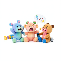 Little plush toys throwing a tantrum (realistic)