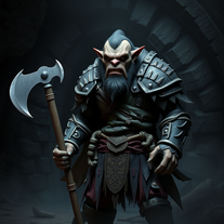 orco medievale con un'ascia in mano, davanti ad una grotta