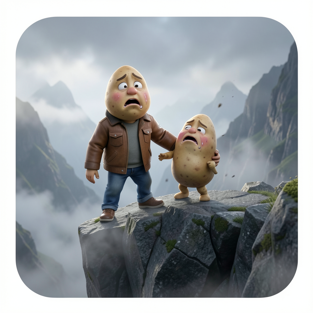 Pixar-style 3D cinematic render of a potato-headed young man wearing a brown jacket and blue jeans standing on the edge of a deep dangerous mountain cliff, strong wind blowing, foggy dramatic atmosphere, one hand holding his crying potato-headed mother an