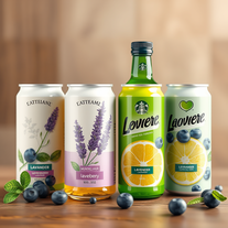 Product and packaging design for all drinkable and edible things with lemon and lavender and lime and blueberry