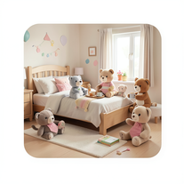 Realistic plush toys inside a bedroom with custom actions