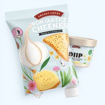 Spring product and  packaging design for Wild Garlic Cheddar Scones & Smoked Garlic Cheddar Dip
