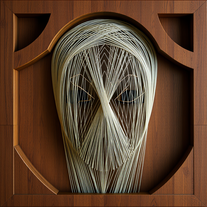A face designed from fine threads and  woven with a large wooden design