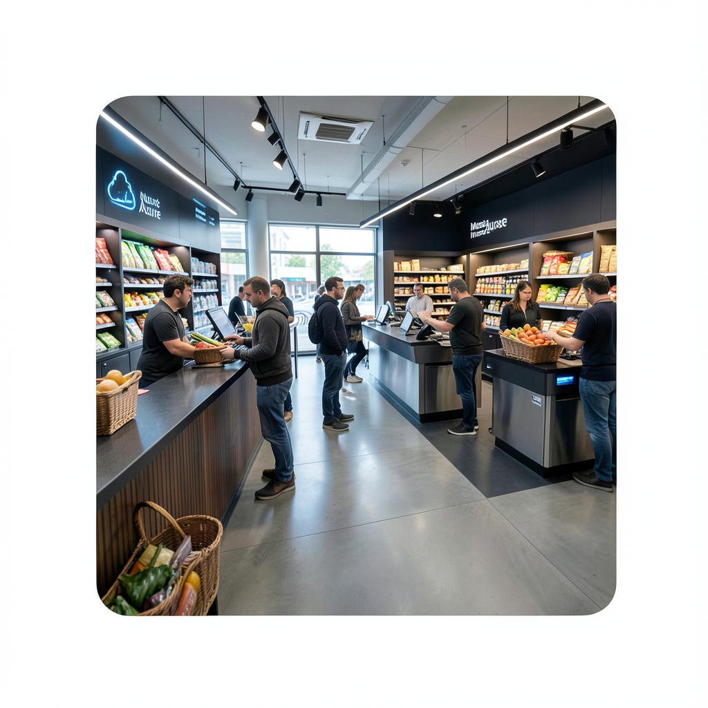 Ultra-realistic futuristic technology documentary, cinematic 4K, Microsoft Azure cloud ecosystem, Internet of Things architecture visualization.  Scene 1: Modern South African retail store. Customers purchase food basket products. Camera zooms into a barc