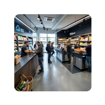 Ultra-realistic futuristic technology documentary, cinematic 4K, Microsoft Azure cloud ecosystem, Internet of Things architecture visualization.  Scene 1: Modern South African retail store. Customers purchase food basket products. Camera zooms into a barc