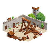 un inventore medievale che disegna una catapulta