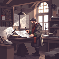 un inventore medievale che lavora nella sua bottega disegnando un progetto