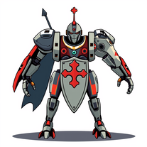 un robot mech con all'interno un cavaliere medievale