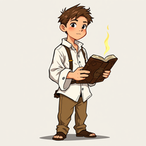 un ragazzo maschio con in mano un libro degli incantesimi