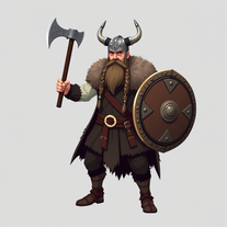 un vichingo medievale con le trecce sulla barba e i tatuaggi in faccia con un'ascia ed uno scudo