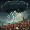 una nuvola nera che spara fulmini su una citta medeviale icon