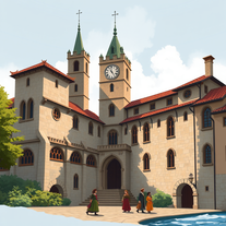 una scuola medievale con più dettagli e una classe