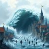 uno tsunami che inonda una città medievale icon