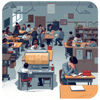 visuals of crowded classrooms, outdated labs, and stressed students