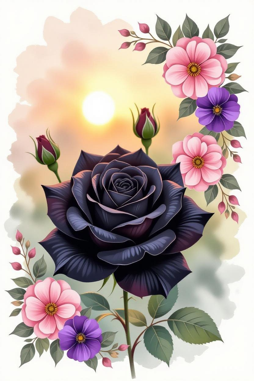 Watercolor Floral Frame with Pink and Purple Flowers